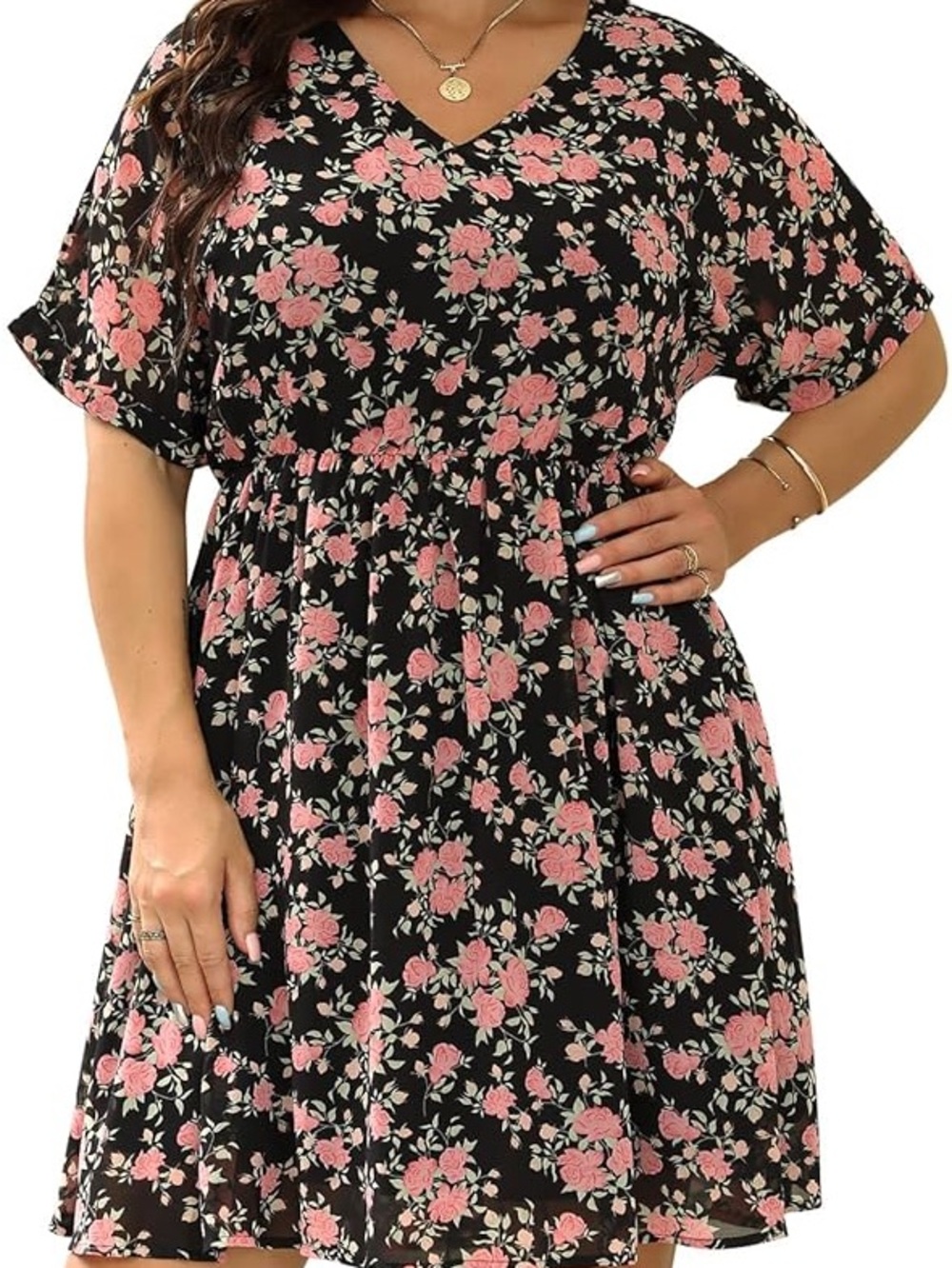 Black Floral V-Neck Mini Dress with Pink Roses
